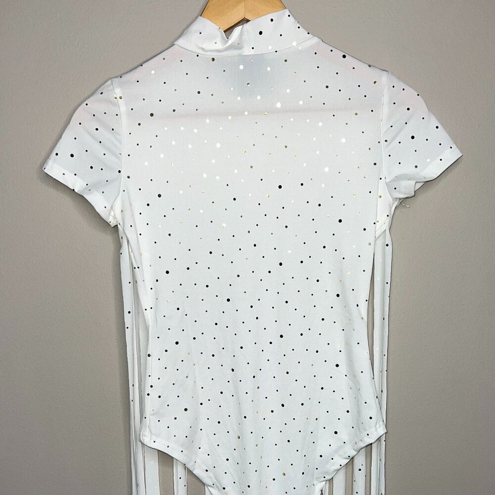 Women's Small White Fringe Bodysuit with Gold Accents